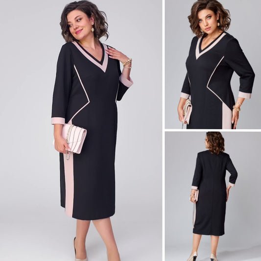 👗👍【S-5XL】 podzimní/zimní elegantní šaty s výstřihem do V | Užší výstřih, prodloužený střih, pohodlné a teplé --3869046